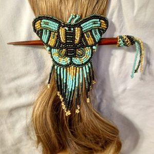 Butterfly Hair Slide/Stick; Aqua, Amber & Black